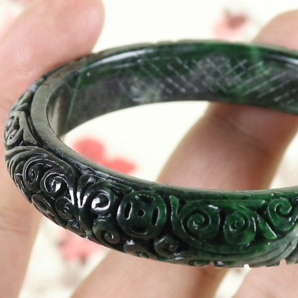 57mm Certified Green Natural A jade Jadeite Moire Bangle Bracelet - Picture 2 of 8